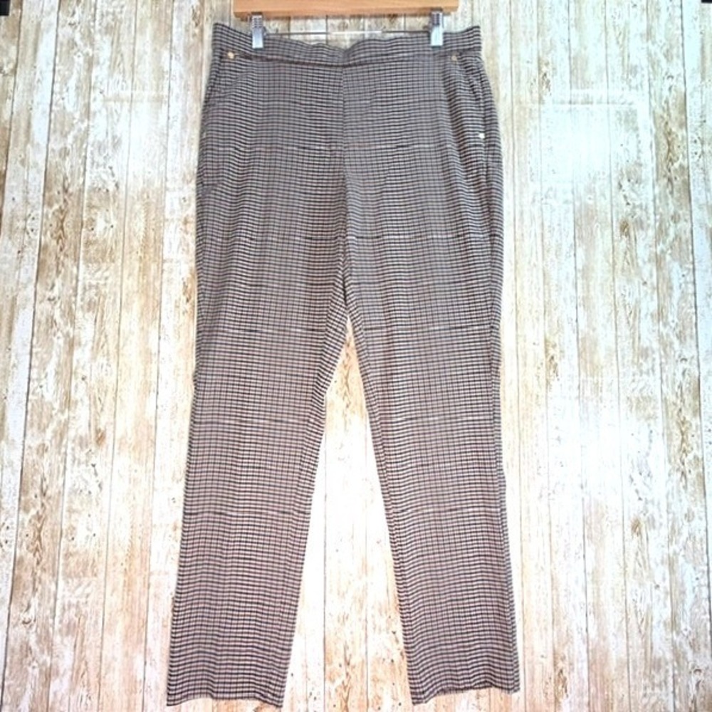 Anne Klein Houndstooth Pull On Pants L Brown Black Plaid Ankle Gold Hardware